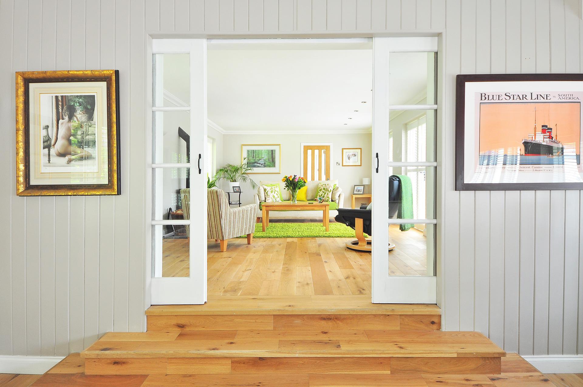 steps up into living room
