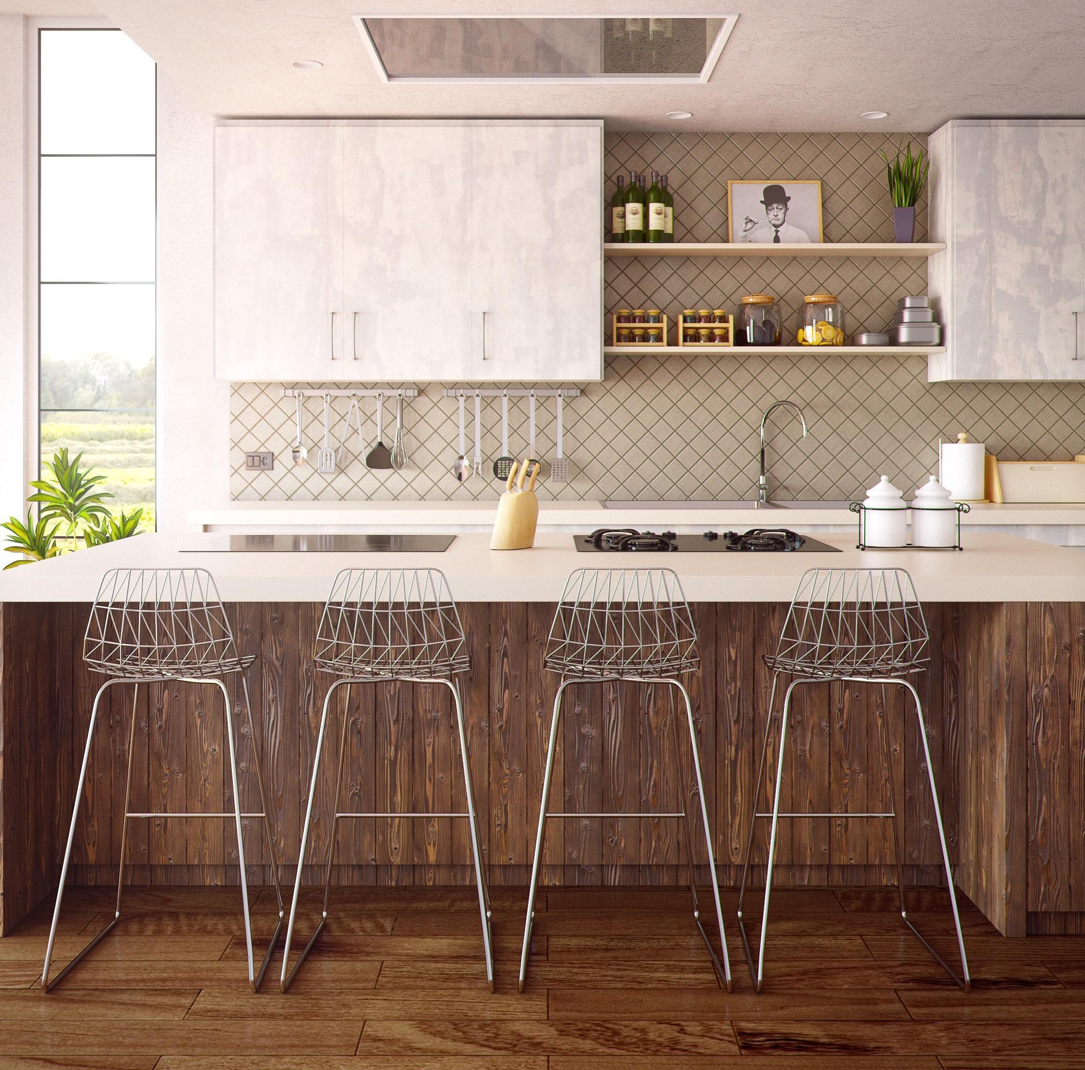kitchen with bar chairs at counter